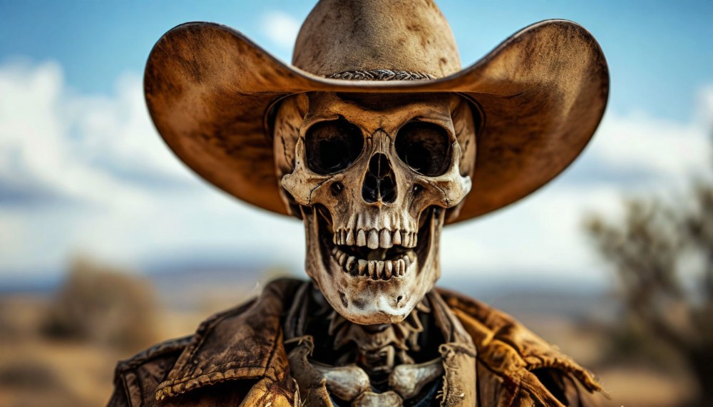 Create meme: the skeleton in the hat, skeleton cowboy, blues saraceno dark country