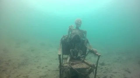 Create meme: findings under water, the bottom of the lake, the skeleton under water