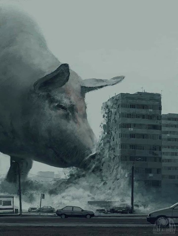Создать мем: огромный хряк, алексей андреев художник metronomicon, огромная свинья рушит город