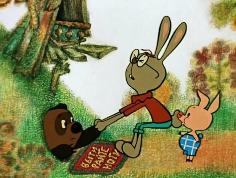 Create meme: The winipuh is stuck in a hole, winipuh and rabbit, Winnie the Pooh got stuck