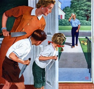 Create meme: American poster 50 years, family with knives waiting for dad meme, illustration