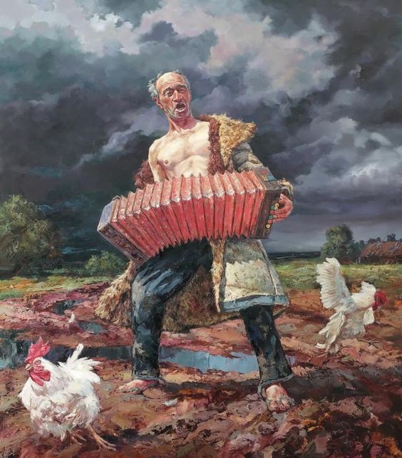 Create meme: painting northern summer by irik musin, The bayan painting, A man with a bayan painting