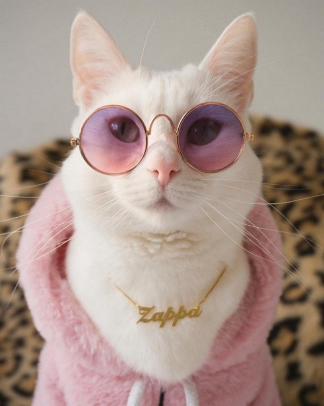 Create meme: the cat with pink glasses