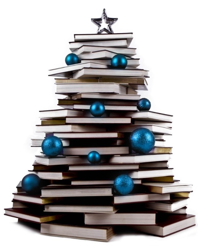 Create meme: Christmas tree made of books, a Christmas tree made of books in the library, a stack of books