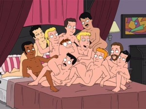 Create meme: The griffins, family guy Orgy meme, family guy meme guys on the bed