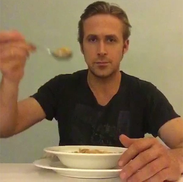 Create meme: actor Ryan Gosling, ryan gosling meme, Ryan Gosling eats cereal