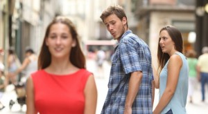 Create meme: meme guy turns into a girl, wrong guy meme, the guy looks at the girl