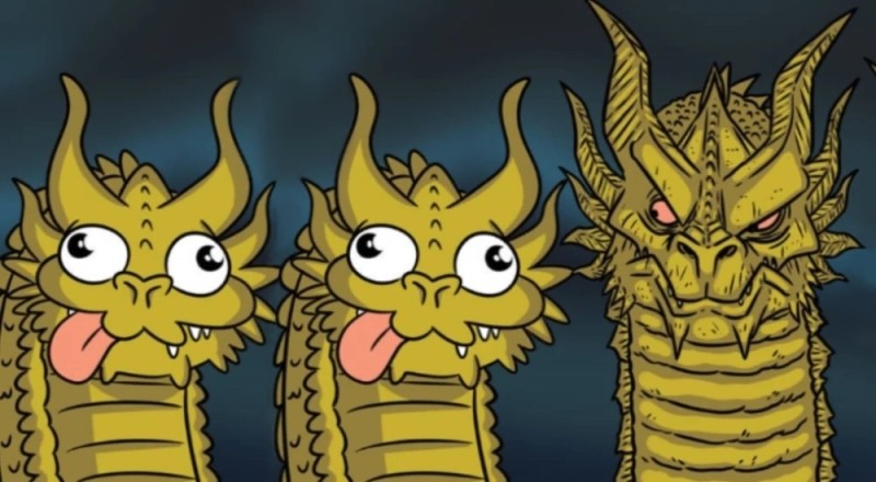 Create meme: three dragon heads, king gidora 2019, three-headed dragon meme