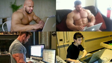 Create meme: Jock at the computer, a wrestler with a laptop, Jock meme