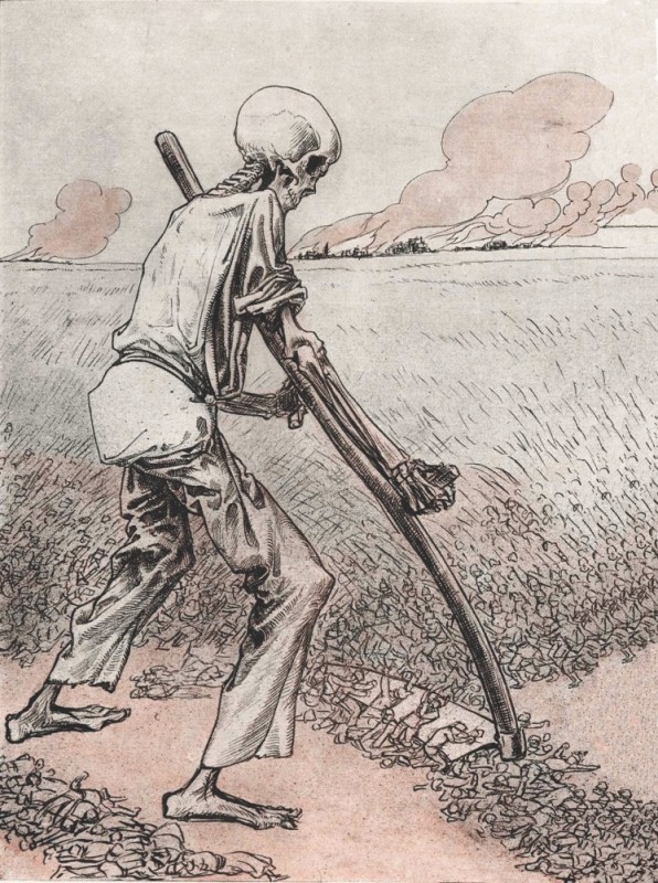 Create meme: louis raemaekers, Death mows down, mower drawing