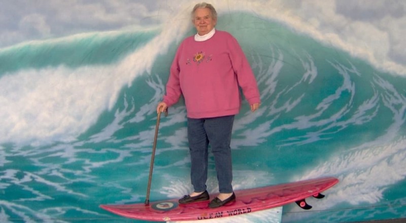 Create meme: release the kraken, granny on the surf, grandma on a surfboard