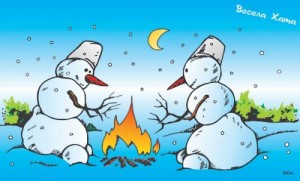 Create meme: caricature, Snowman campfire