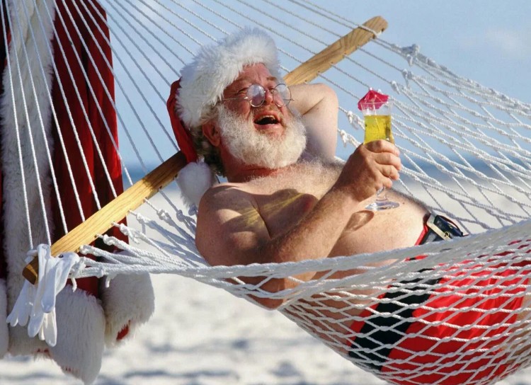 Create meme: Santa Claus is on vacation, Santa on the beach, funny Santa Claus 