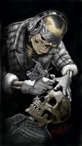 Создать мем: скелет с пистолетом, череп скелета, скелет с револьвером
