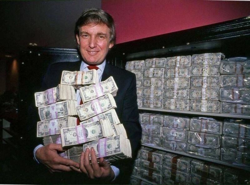 Create meme: a lot of dollars, Donald Trump in his youth with money, Donald Trump with money