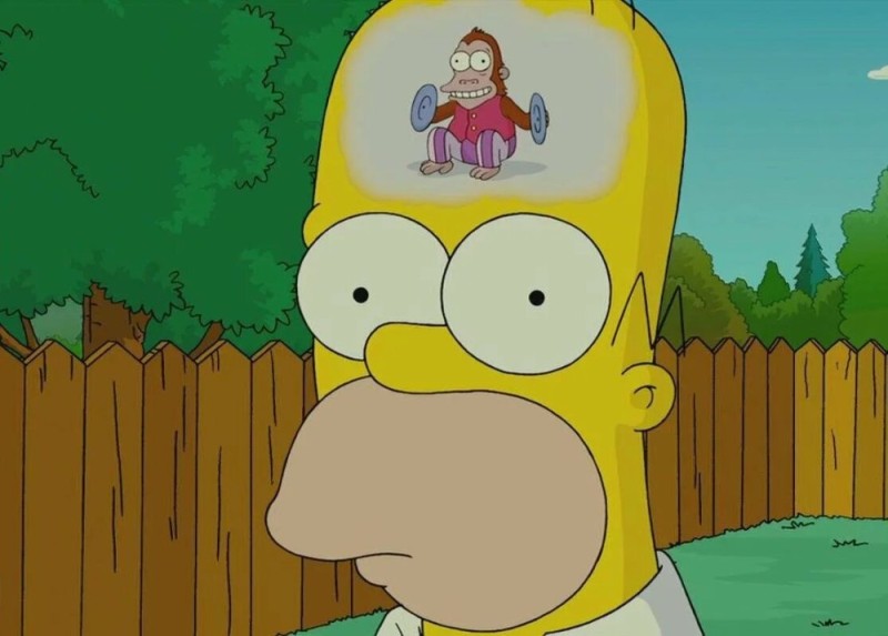 Create meme: Homer Simpson monkey in the head, Homer Simpson the monkey, the monkey in the head of Homer