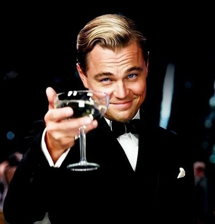Create meme: Leonardo DiCaprio the great Gatsby, Leonardo DiCaprio with a glass of, DiCaprio Gatsby