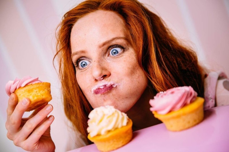 Create meme: a girl eats a cake, giving up sweets, reducing cravings for sweets