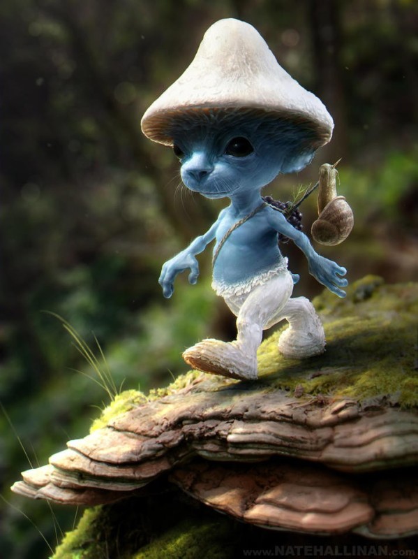 Создать мем: смурфик в лесу с грибами, smurf real life, страшный смурфик