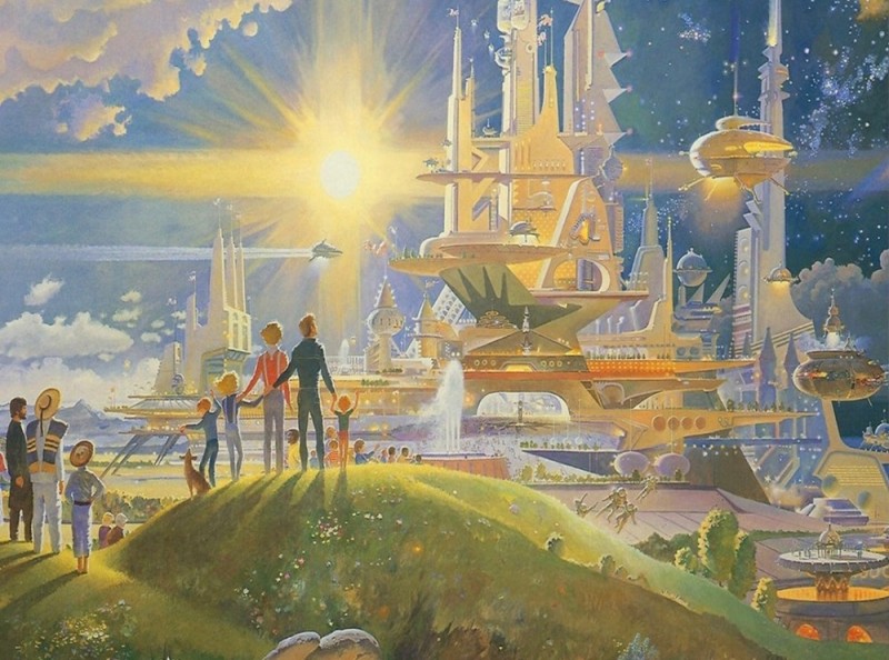 Create meme: paintings of the city of the future by Robert McCall, Robert McCall retrofuturism, a bright future