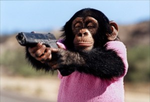 Create meme: happy monkey, chimpanzees, a monkey with a gun