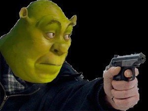 Create meme: Shrek ban meme, Manny Shrek, Shrek with a gun meme