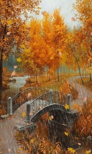 Создать мем: осенний парк арт, картины евгения лушпина осень и мостик, осенний пейзаж