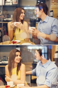 Create meme: a photo of a guy with a girl drink coffee, couple in a cafe, man and woman drinking coffee