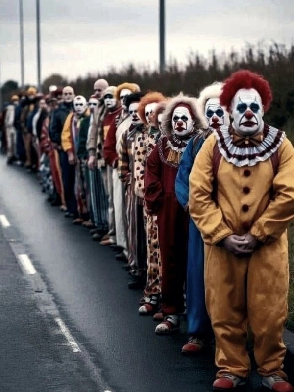 Create meme: A bunch of clowns, scary clowns, evil clowns