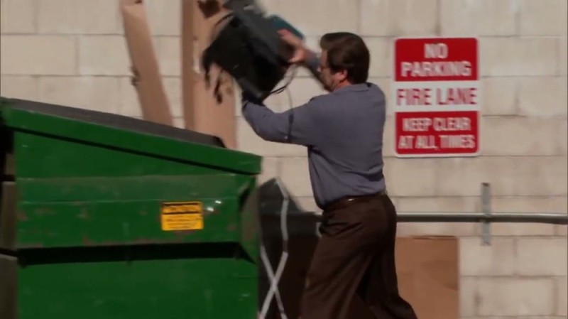 Create meme: throws the computer in the trash, the guy throws the computer in the trash, Ron Swanson throws out the computer