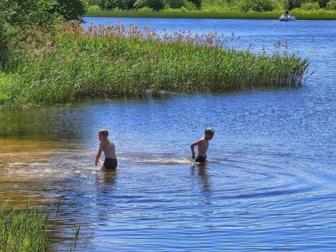 Create meme: summer village river bathing, rest on the river, the river in the village