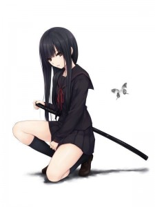 Create meme: anime, Chan anime Tomboy with black hair, anime katana on white background