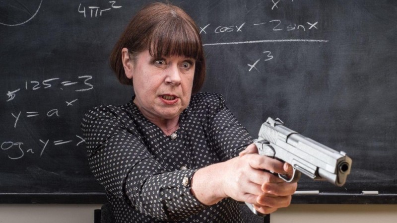 Create meme: a teacher with a gun, the teacher is shocked, angry teacher 
