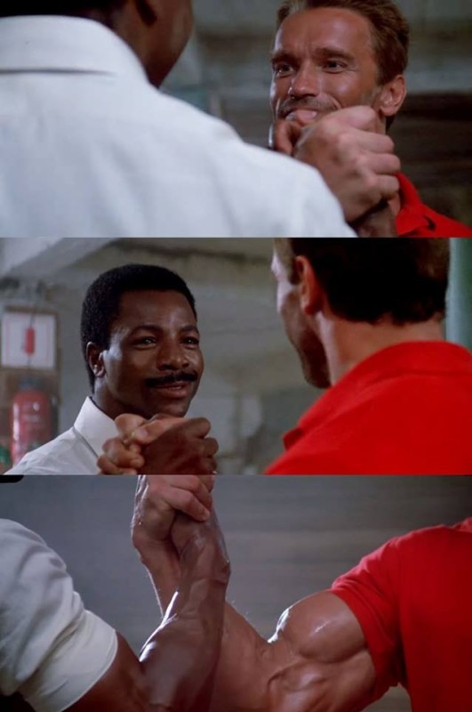 Create meme: each other, vanilla, Carl Weathers and Arnold Schwarzenegger handshake