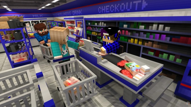 Create meme: minecraft supermarket, supermarket in minecraft, shopping mall in minecraft