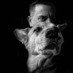 Create meme: man and dog friendship black and white, photo shoot with a dog, dog