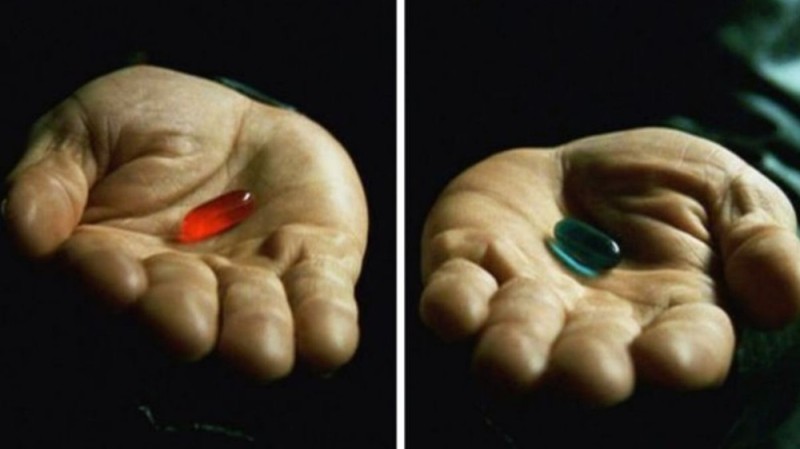 Create meme: Morpheus two pills, morpheus red and blue pill, neo and Morpheus pills