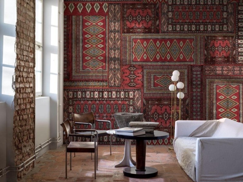 Create meme: ethnic style in the interior, interior, carpet on the wall in a modern interior