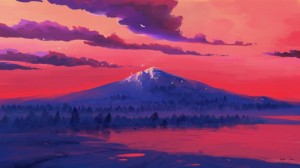 Создать мем: закат арт аниме, фиолетовые горы арт, горы и закат