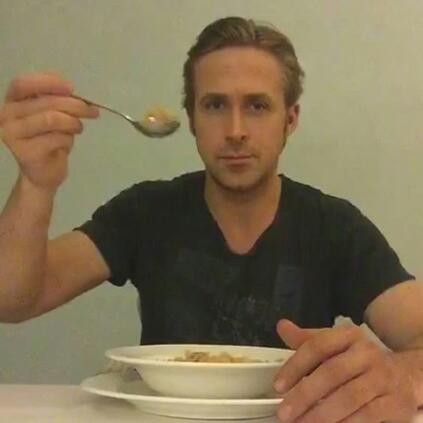 Create meme: Ryan Gosling meme, actor Ryan Gosling, Ryan Gosling eats cereal