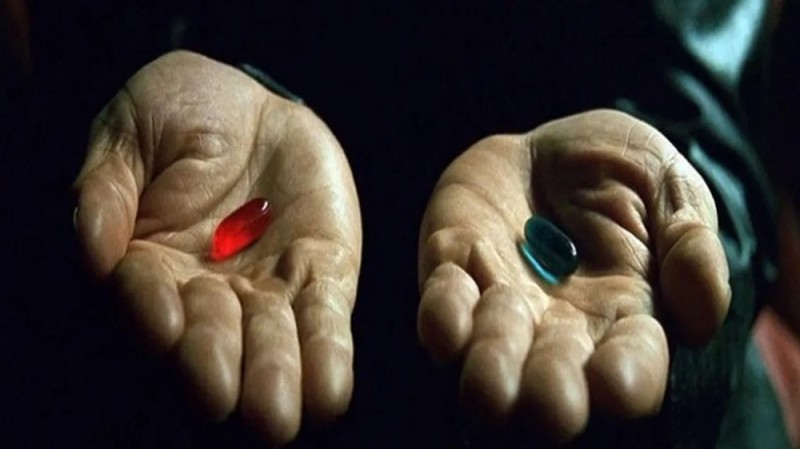 Создать мем: красная таблетка, морфеус выбор таблетки, красная и синяя таблетка