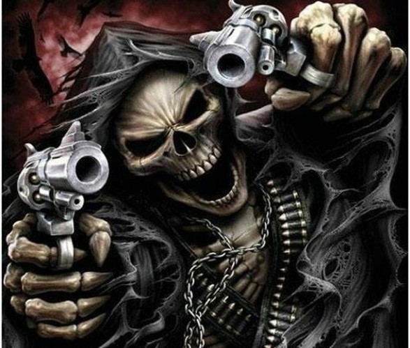 Create meme: skeleton with a gun, skull with guns, a skeleton with a revolver