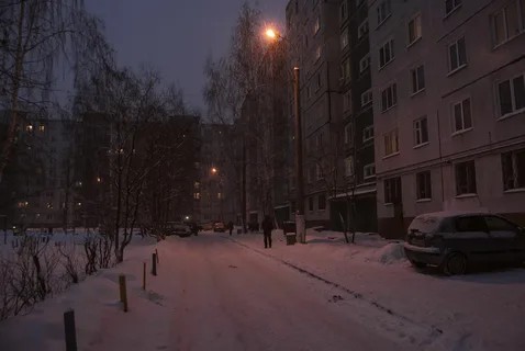 Create meme: white nights, winter khrushchevki at night, street 