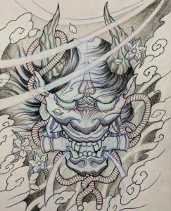 Create meme: Japanese mask demon tattoo sketches, hannya mask tattoo sketches, hannya mask tattoo sketch