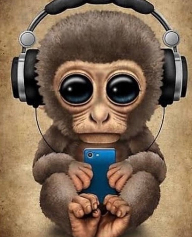 Создать мем: рисунок обезьяны, обезьяна с наушниками, обезьяна в наушниках картина мем