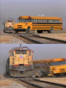 Create meme: train crashes into school bus meme, train rams school bus, American school bus