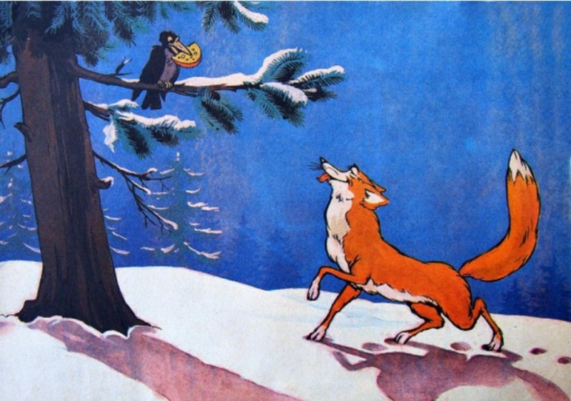 Create meme: The crow and the fox, The fable of the Crow and the Fox, Krylov's fable the Crow and the Fox