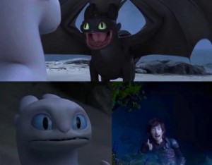 Создать мем: origin of toothless dancing in front of light fury meme, мем с беззубиком, беззубик и дневная фурия