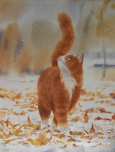 Создать мем: кошка-осень акварель, кот зимой, рыжие котики в снегу