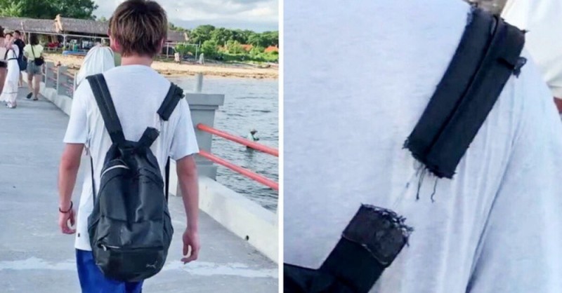 Create meme: a torn backpack, backpack over the shoulder, backpack